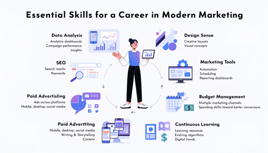 Modern marketing strategy showing SEO, content, social media, influencer partnerships, email retention, automation and personalization working together.