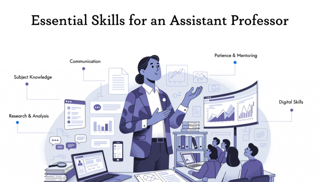 Assistant professor in a university classroom surrounded by visual elements representing subject knowledge, communication, research, mentoring, and digital teaching skills.