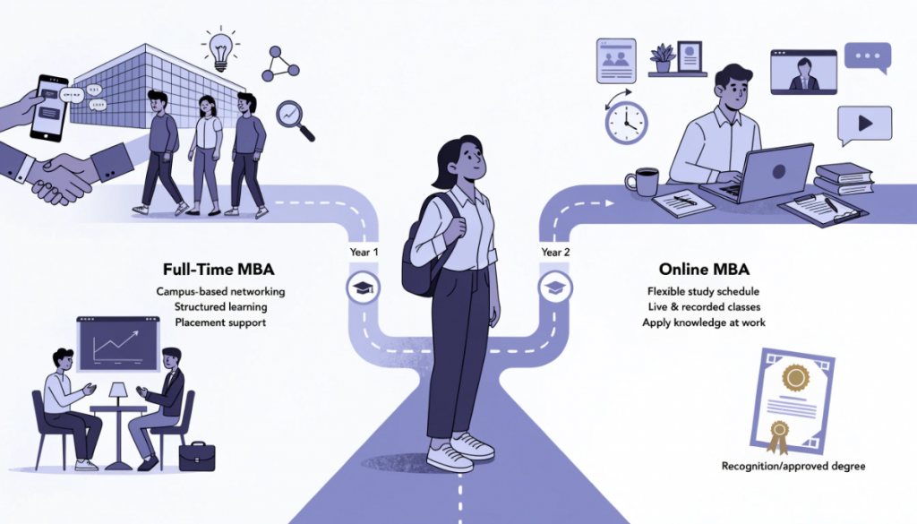 Full-time MBA versus online MBA showing campus learning, networking, flexible online study and work-study balance.