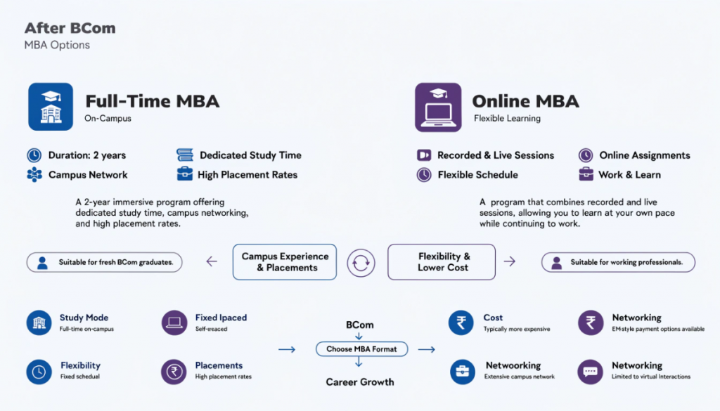 Comparison of full-time and online MBA after BCom based on study mode, flexibility, placements, networking and cost.