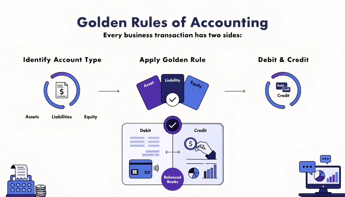 Three golden rules of accounting showing debit and credit principles for personal, real and nominal accounts.
