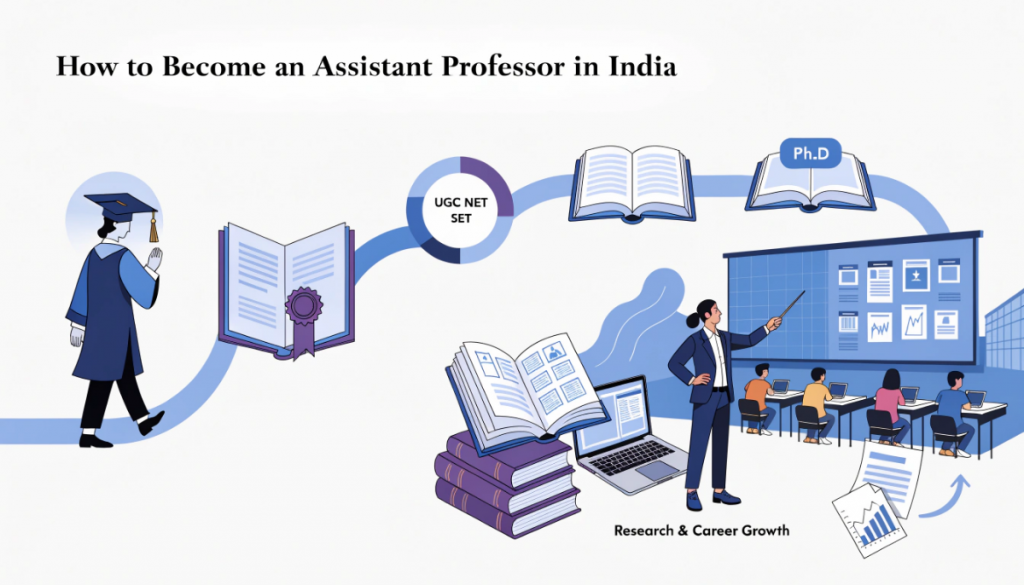 Featured image showing the academic pathway to becoming an assistant professor in India through postgraduate study, NET or SET, PhD, teaching, and research.