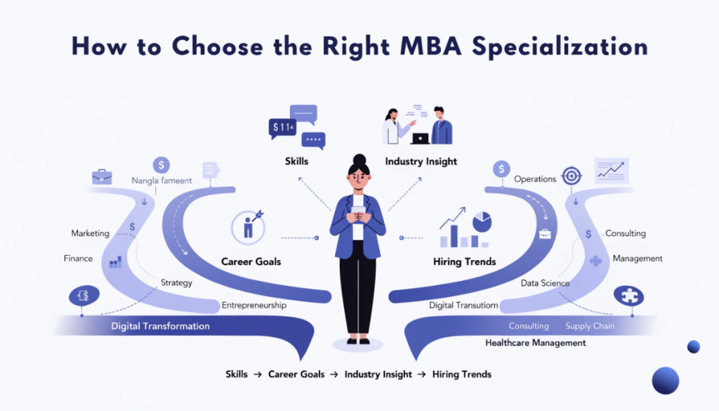 Choosing the right MBA specialization based on personal strengths, career goals, industry insights and current hiring trends.