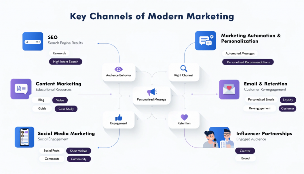 Traditional versus modern marketing comparison showing the shift from mass advertising and broad reach to targeted, measurable and data-driven marketing.
