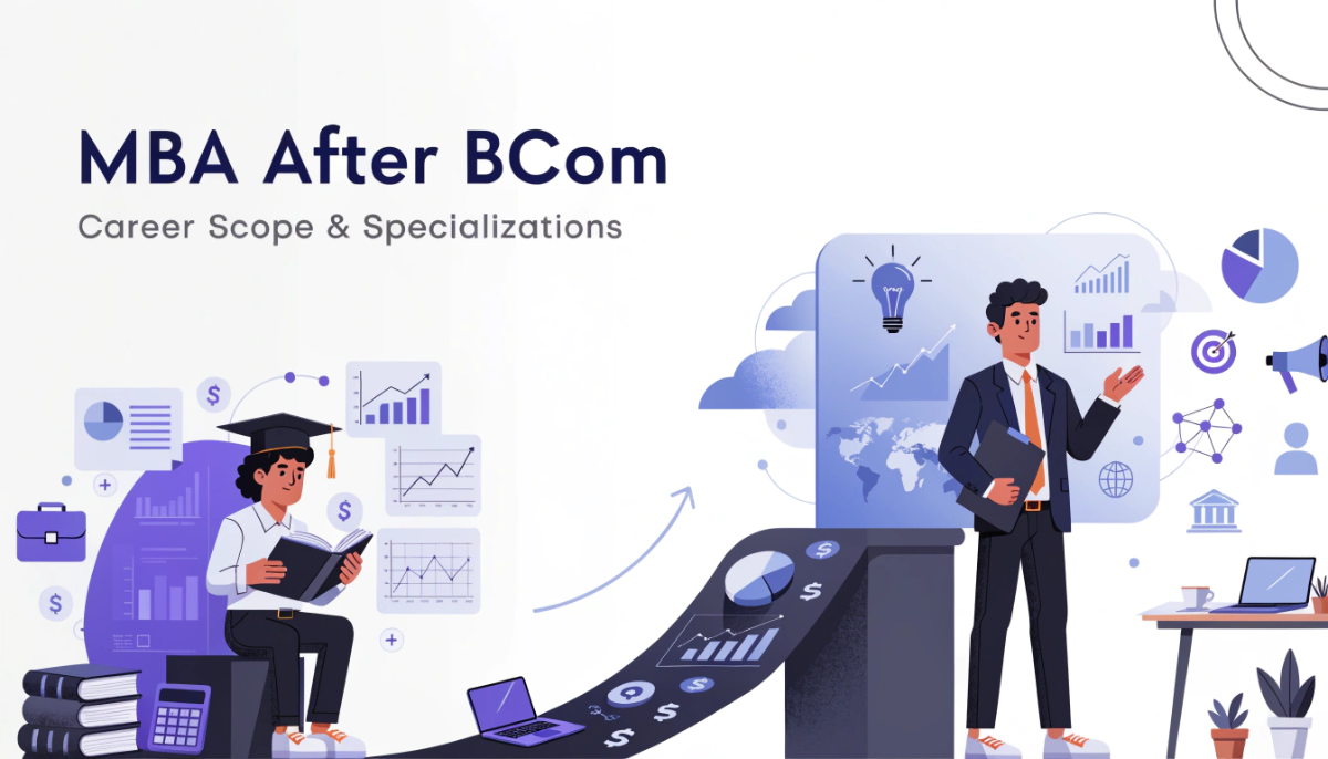 MBA after BCom featured image showing the transition from commerce knowledge to management skills, specializations and broader career opportunities.