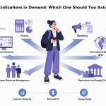 MBA student comparing in-demand specializations including finance, analytics, marketing, HR, international business, BFSI and operations.