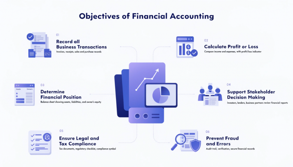 Six objectives of financial accounting including transaction recording, profit calculation, financial position, stakeholder decisions, compliance and fraud prevention.