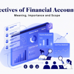 Objectives of financial accounting showing financial reporting, profit analysis, financial position, compliance and business decision-making.