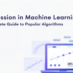 Regression in machine learning with data points, prediction graphs and machine learning algorithms.