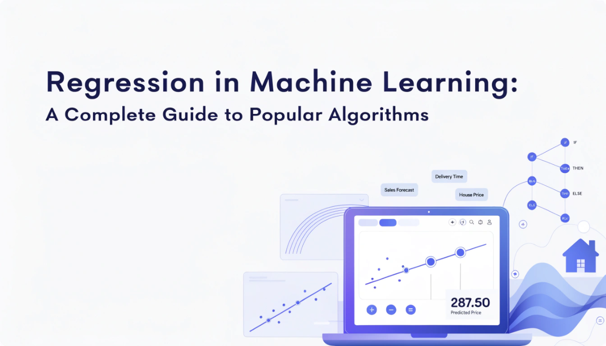 Regression in machine learning with data points, prediction graphs and machine learning algorithms.