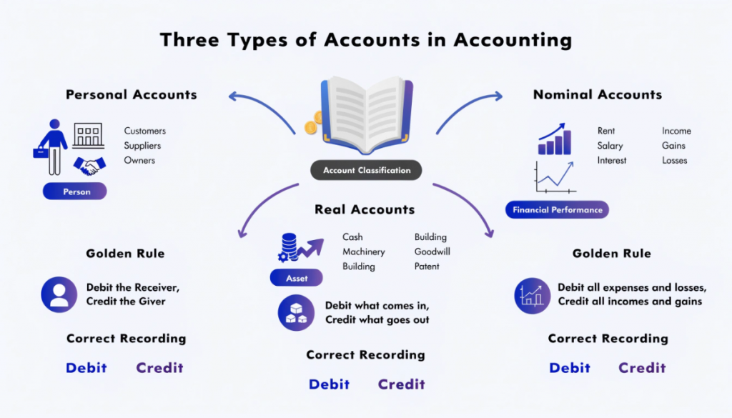 Three types of accounts in accounting showing personal, real and nominal accounts with examples.
