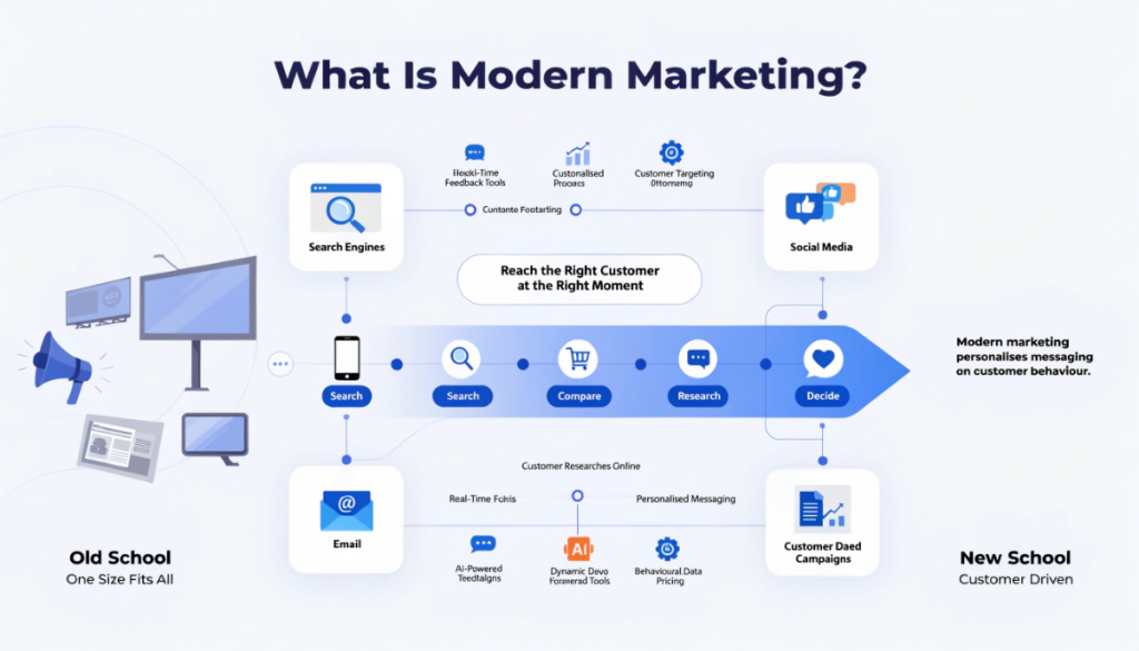 Modern marketing infographic showing digital channels, customer research behaviour, real-time data and personalised marketing journeys.