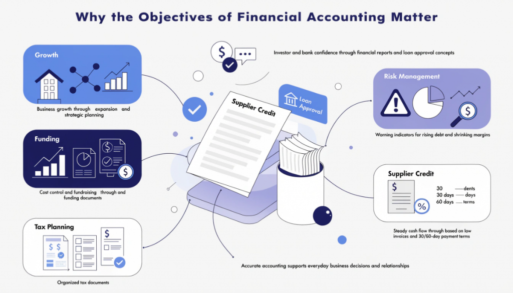 Importance of financial accounting objectives for business growth, funding, tax planning, risk management and supplier credit.