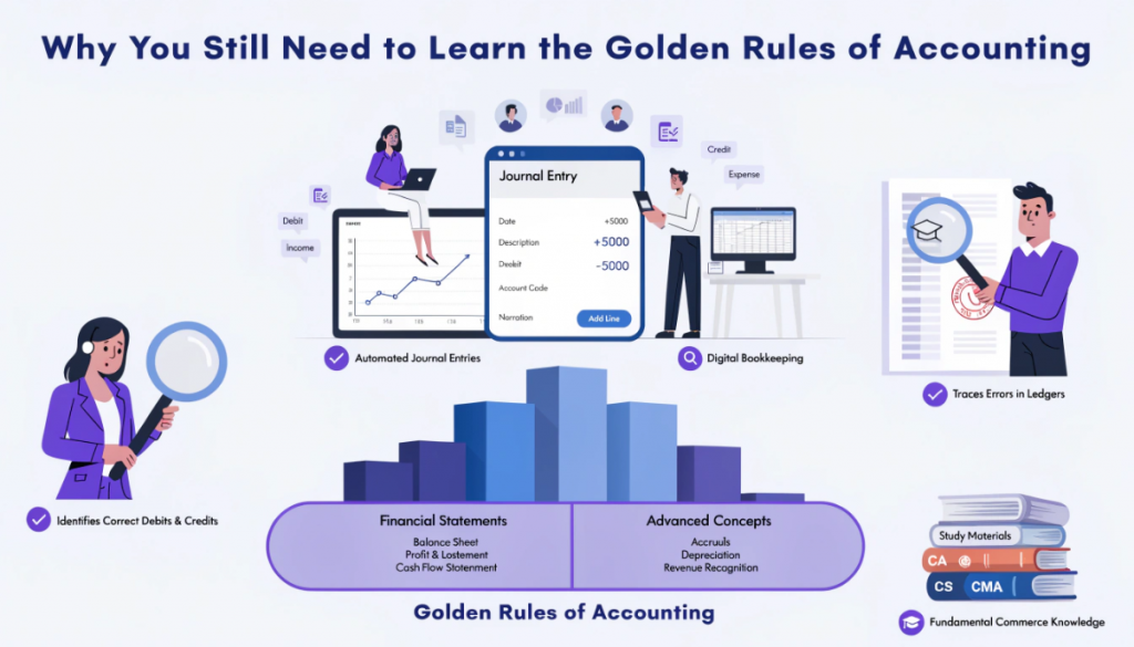 Importance of learning golden rules of accounting despite accounting software, showing accurate entries, error tracing, financial knowledge and professional exams.