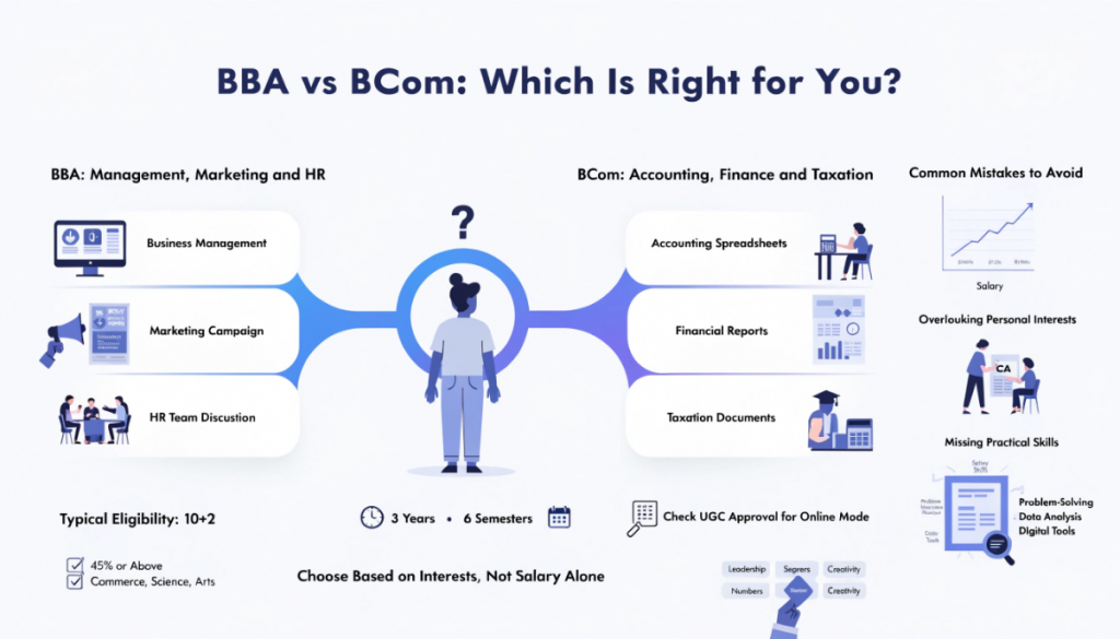 Infographic comparing BBA and BCom by career interests, typical online undergraduate eligibility, course duration and common decision-making mistakes.