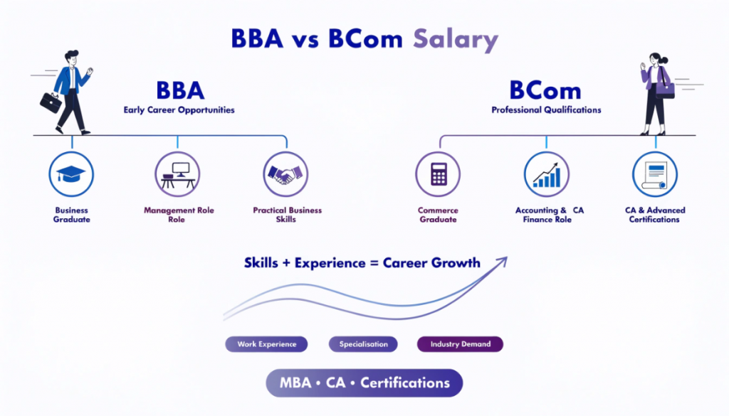 Infographic comparing BBA and BCom career growth, showing how practical skills, experience, professional qualifications and certifications can influence long-term salary potential.