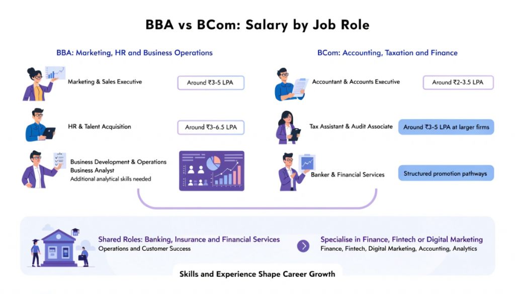 Infographic comparing BBA and BCom career roles and estimated starting salaries, including marketing, HR, accounting, taxation, banking and shared opportunities influenced by specialisation and practical skills.
