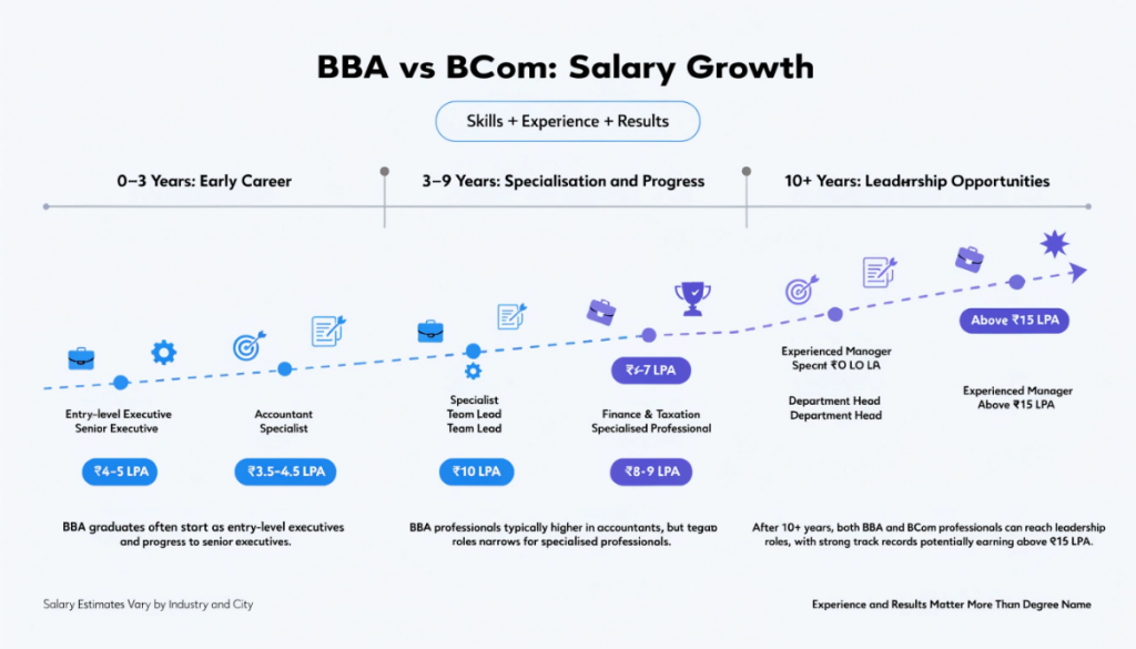 Infographic comparing estimated BBA and BCom salary growth across early, mid-career and senior career stages, highlighting the role of experience, specialisation and professional development.