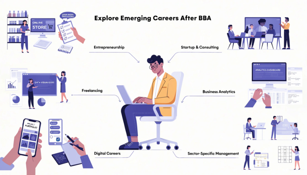 Infographic illustrating emerging BBA career opportunities in entrepreneurship, freelancing, startups, consulting, business analytics, digital roles and sector-specific management.