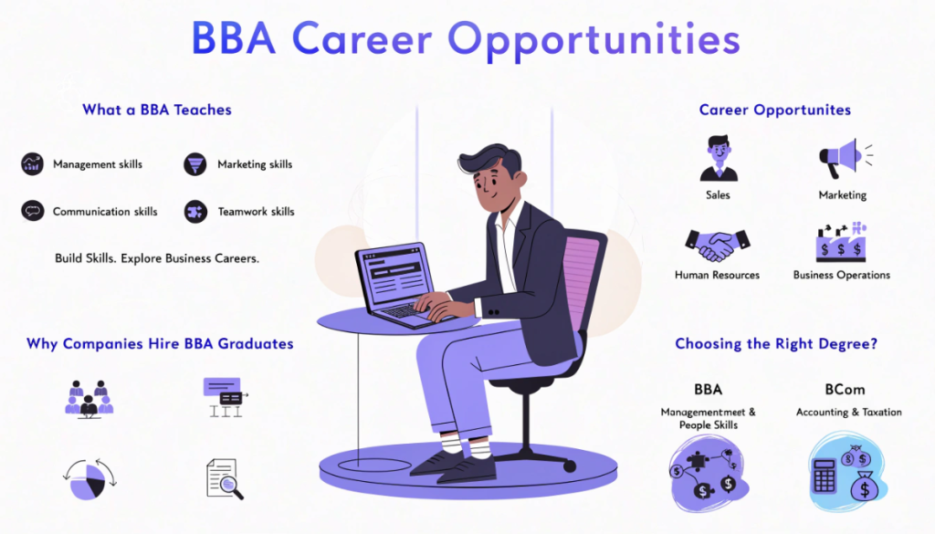 Infographic showing BBA career opportunities in management, sales, marketing, human resources and business operations, alongside the business and communication skills developed during the degree.