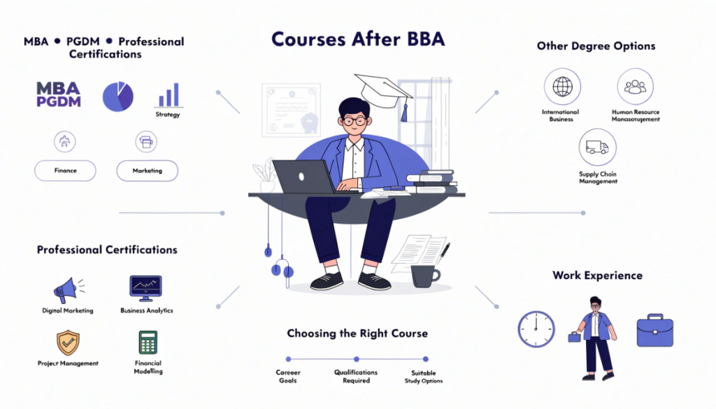 Infographic showing study options after BBA, including MBA, PGDM, professional certifications, international business, human resources and supply chain management.