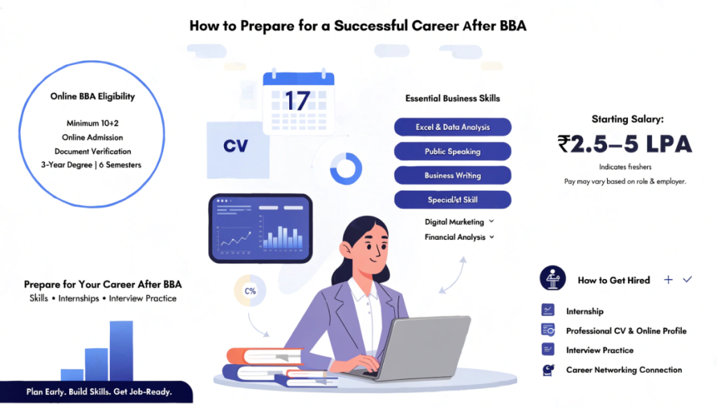 Infographic showing how BBA students can prepare for employment through online degree eligibility, business skills, internships, CV preparation, interview practice and salary planning.