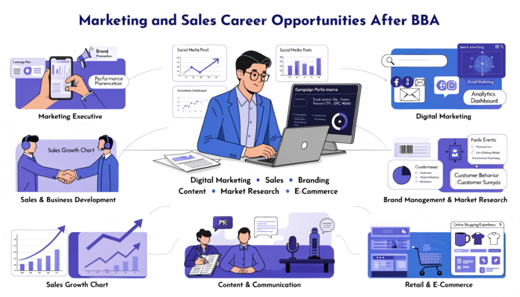 Infographic showing marketing and sales career opportunities after BBA, including digital marketing, business development, content creation, brand management, market research, retail and e-commerce.