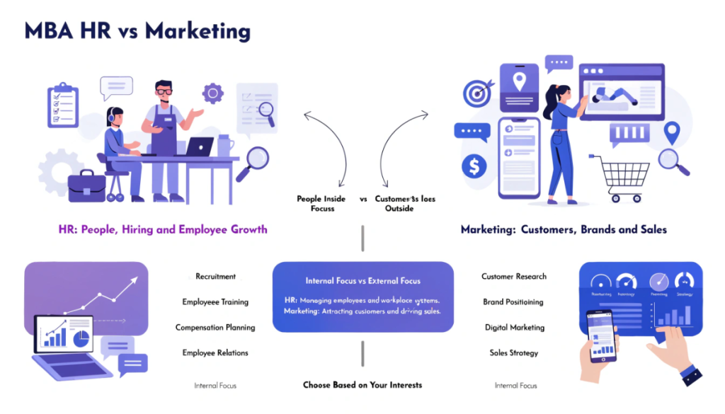 Infographic comparing MBA in HR and MBA in Marketing, highlighting employee recruitment, training and relations in HR versus customer research, branding, digital marketing and sales strategy in marketing.