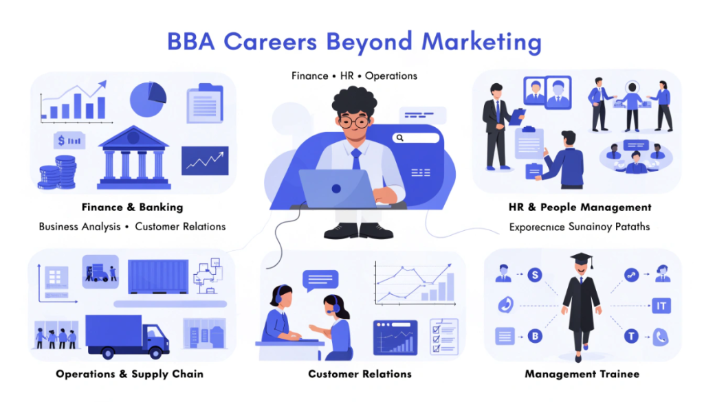 Infographic showing BBA career opportunities in finance and banking, human resources, supply chain and operations, customer relationship management, business analysis and management trainee programmes.