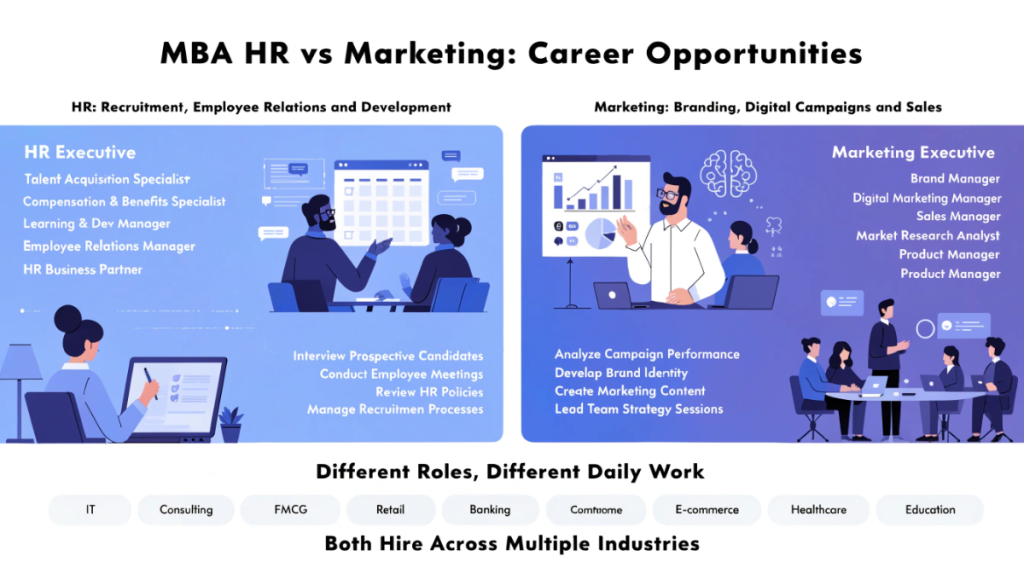 Infographic comparing MBA HR and MBA Marketing career opportunities, including common job roles, daily responsibilities, career progression and shared hiring industries such as IT, consulting, retail, banking and healthcare.