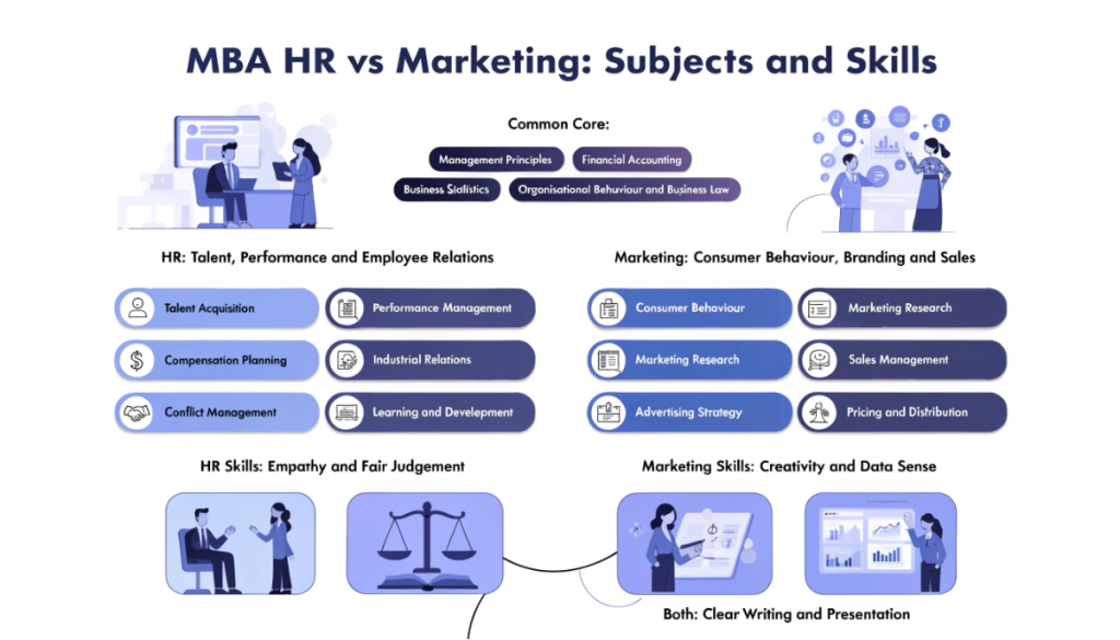Infographic comparing MBA HR and MBA Marketing subjects and skills, showing shared management core subjects, HR electives and people-focused skills, marketing electives and analytical skills, plus communication skills common to both.