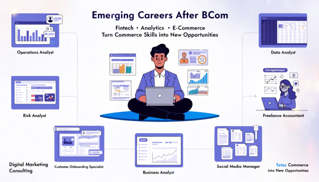 Infographic showing emerging career opportunities after BCom in fintech, digital finance, data analytics, digital marketing, e-commerce, entrepreneurship and freelance accounting or tax consulting.