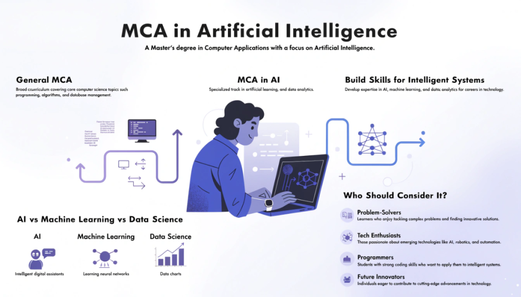 Infographic illustrating MCA in Artificial Intelligence, comparing a general MCA with an AI specialisation and highlighting machine learning, data science and suitable learners.