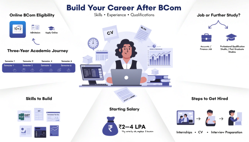 Infographic showing how BCom students can prepare for employment through accounting and analytics skills, internships, professional qualifications, salary planning and job application preparation.