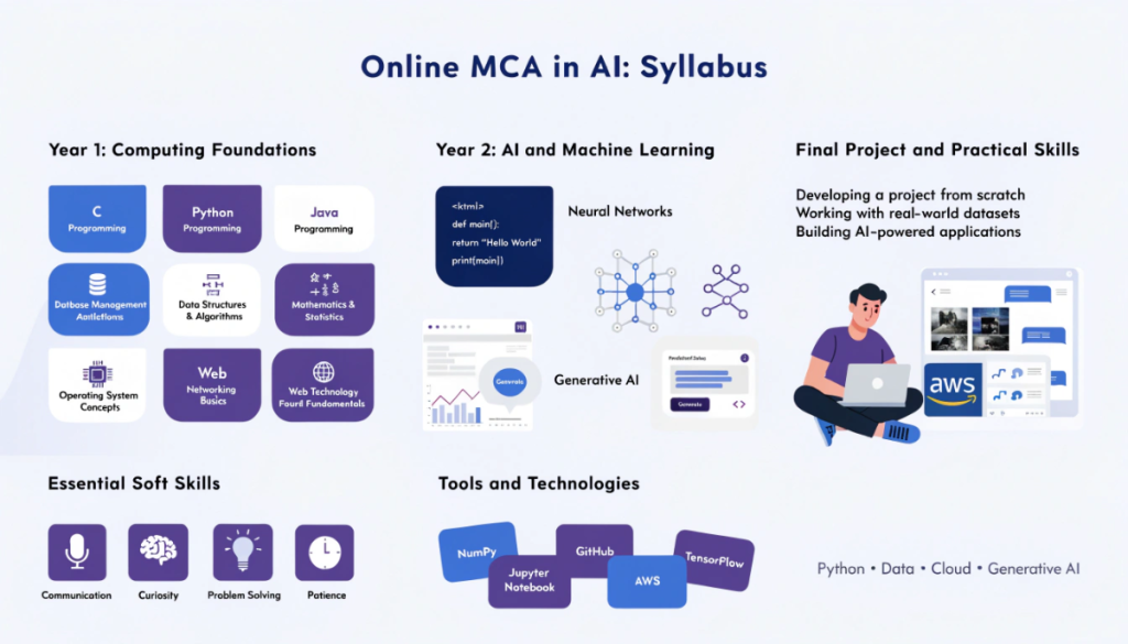 Infographic showing the online MCA in Artificial Intelligence syllabus, including programming foundations, machine learning, generative AI, final-semester projects, essential soft skills and technical tools.
