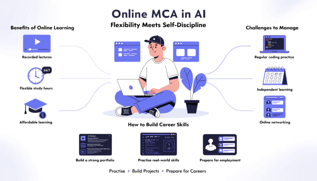 Infographic showing the benefits and challenges of an online MCA in Artificial Intelligence, including flexible study, independent coding practice, portfolio development, online competitions and career preparation.