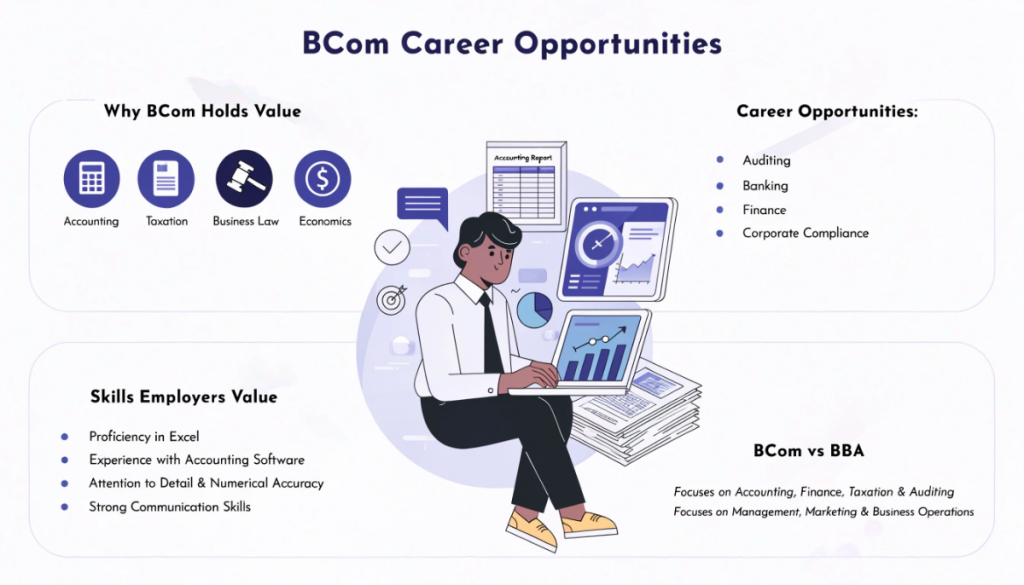 Infographic highlighting BCom career opportunities in accounting, taxation, auditing, banking and finance, along with essential employer skills and a comparison between BCom and BBA.