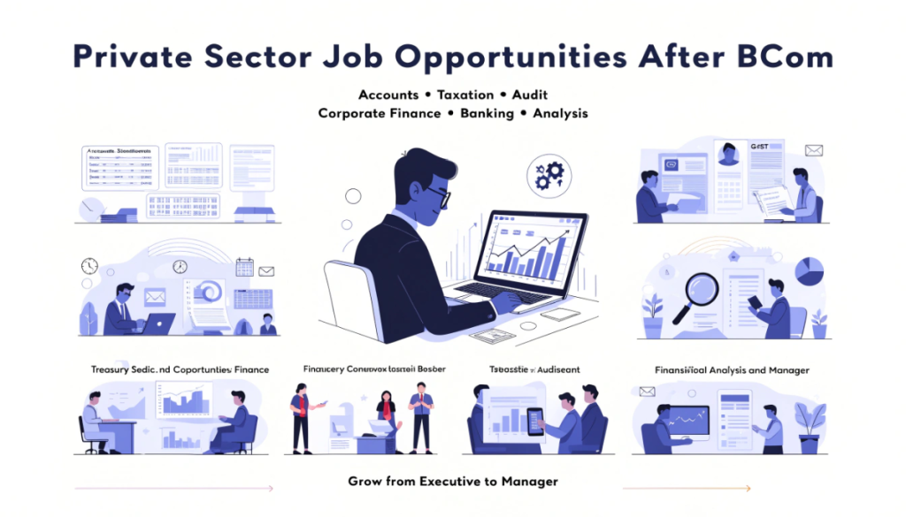 Infographic showing private sector career options after BCom, including accounting, taxation, audit, treasury, corporate finance, financial analysis and banking, with potential career progression.