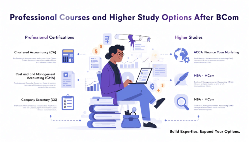 Infographic showing professional qualifications and postgraduate study options after BCom, including CA, CMA, CS, ACCA, CPA, CFA, MBA and MCom, with potential career development pathways.