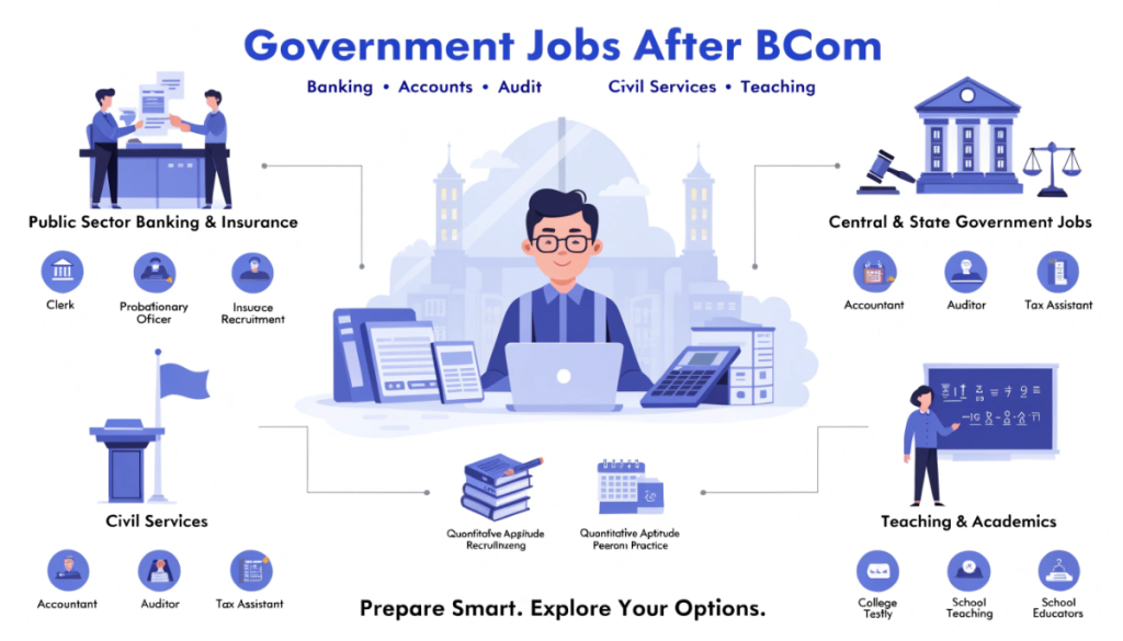 Infographic highlighting government and public sector career opportunities after BCom, including banking, insurance, government accounts and audit, civil services, competitive exam preparation and teaching.