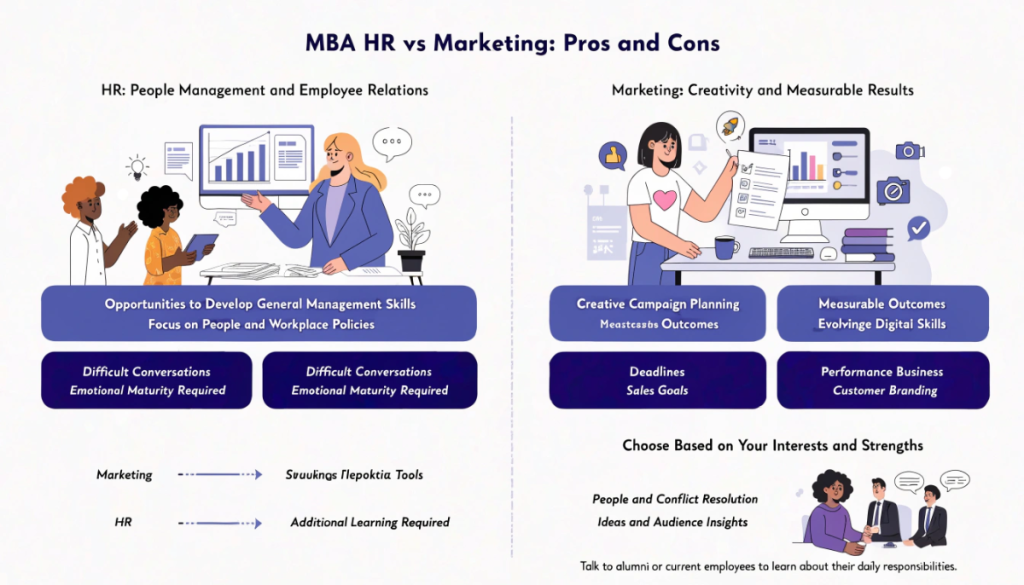 Infographic comparing the advantages and challenges of MBA HR and MBA Marketing, showing career transitions, common workplace pressures and factors students can consider when choosing a specialisation.