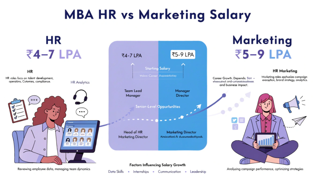 Infographic comparing approximate starting salaries for MBA HR and MBA Marketing, with career progression, senior-level opportunities, technology trends and factors influencing salary growth.