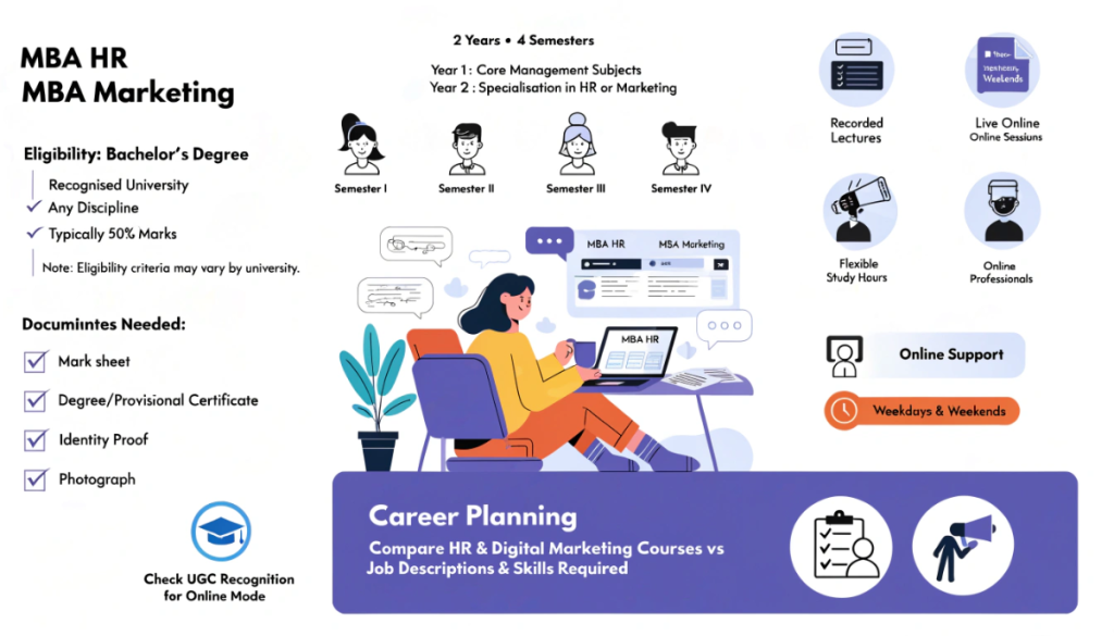 Infographic explaining online MBA admission requirements, the two-year four-semester course structure, HR and Marketing specialisations, required documents, online learning benefits and career preparation. MBA HR vs Marketing