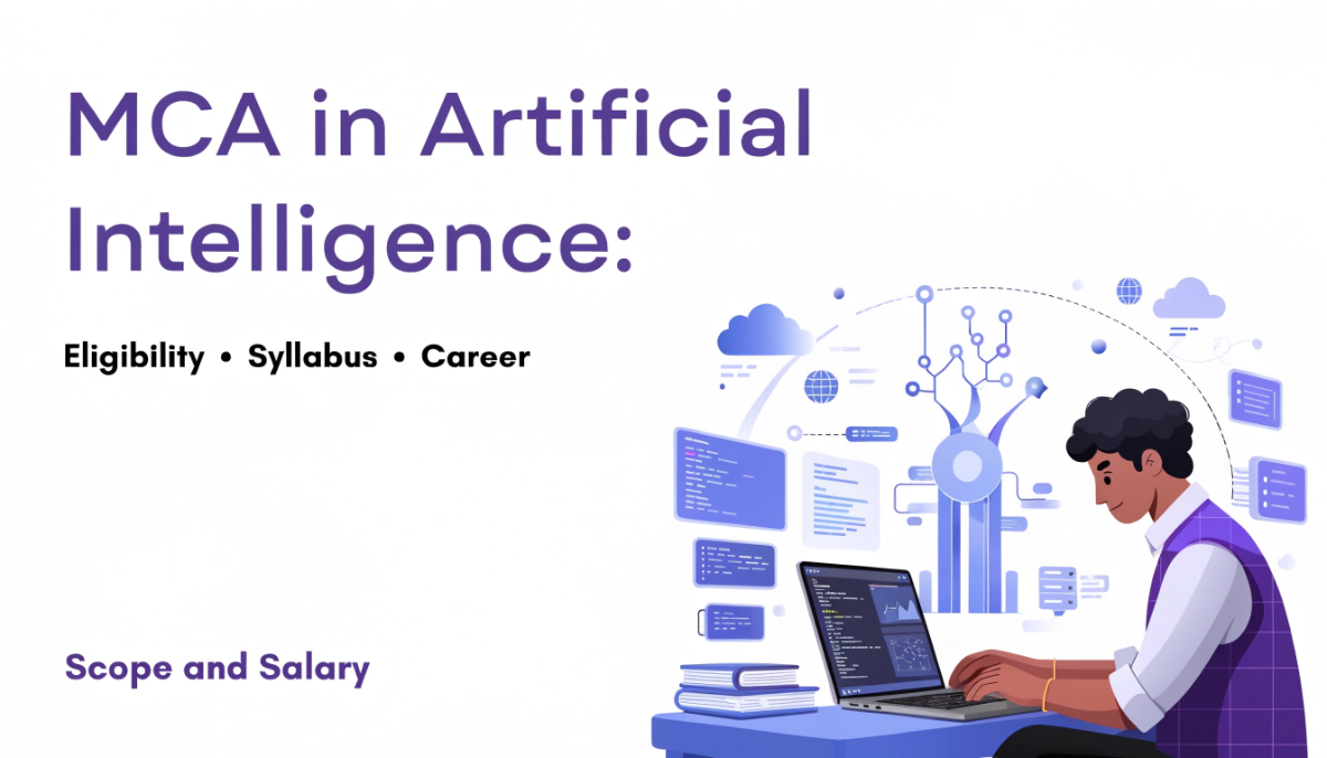 Featured illustration of an MCA student exploring artificial intelligence, programming, machine learning and data analytics while preparing for technology career opportunities.
