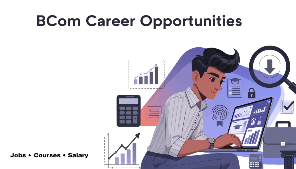 Featured image illustrating BCom career opportunities, including accounting, banking, professional courses, business analytics and salary growth after graduation.