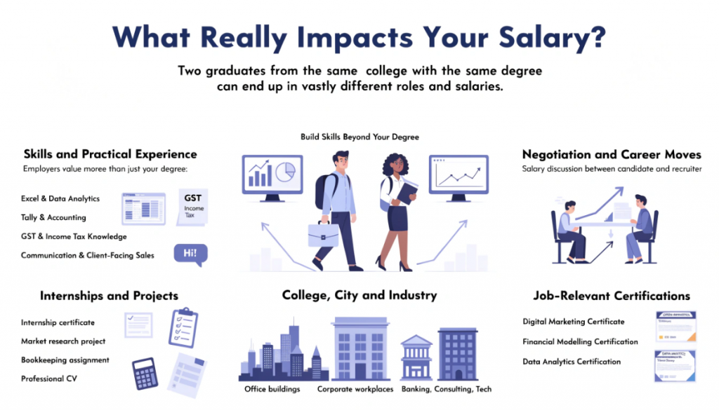 Infographic showing how technical skills, internships, projects, location, industry, salary negotiation, job changes and relevant certifications influence BBA and BCom graduates’ earning potential.