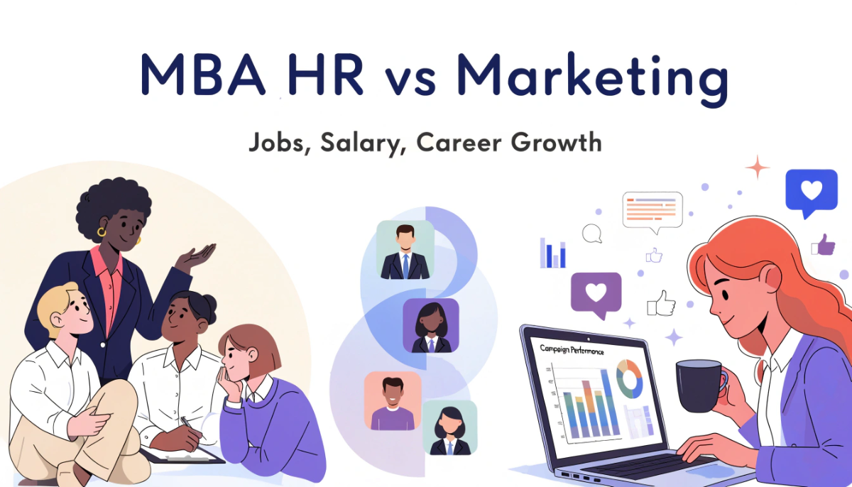 Featured image comparing MBA HR and Marketing specialisations, including career opportunities, salary growth and professional roles.