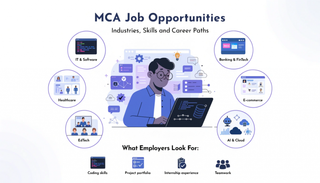 Infographic showing MCA job opportunities across IT, banking, healthcare, e-commerce and education technology, with key employer expectations including coding skills, projects, internships and teamwork.