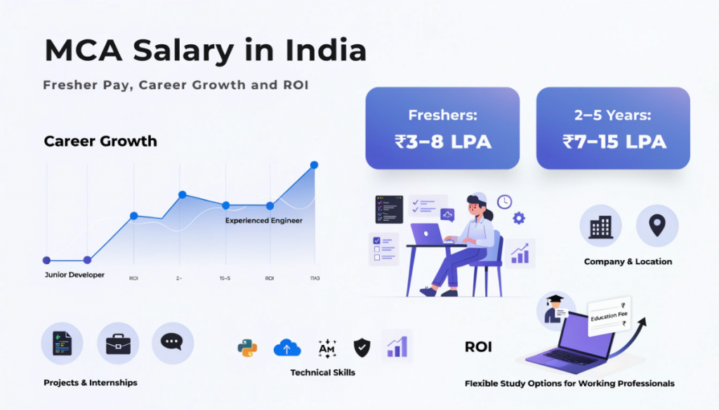 Infographic showing indicative MCA salary ranges in India for freshers and experienced professionals, alongside career growth, in-demand technical skills and factors affecting earnings.