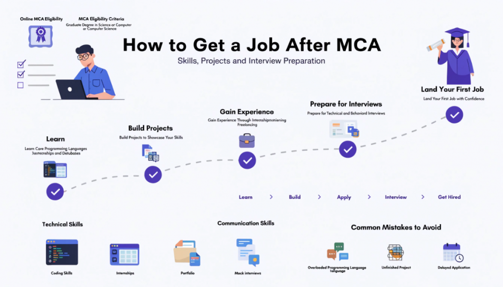 Infographic showing an online MCA student's career preparation roadmap, covering eligibility, programming skills, projects, internships, resume preparation, interviews and the first job.